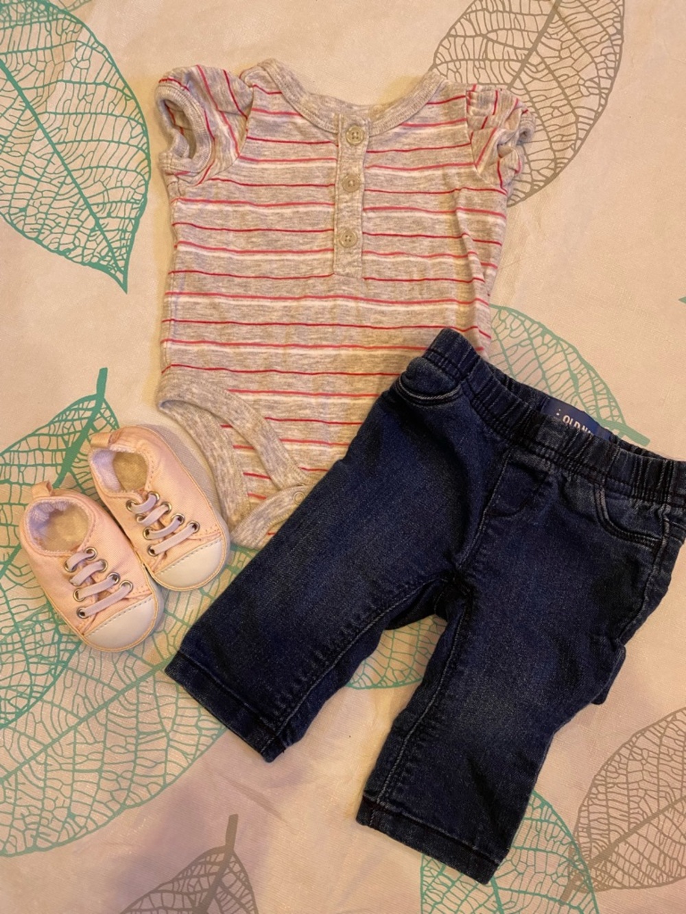 Old Navy Baby Pink Canvas Lace-Up Sneakers, Jeans and Striped Onsie